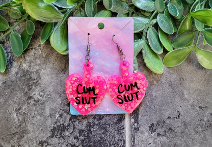 Hot Pink Glitter Heart Paddle Earrings – CUM SLUT - Gunmetal Hooks
