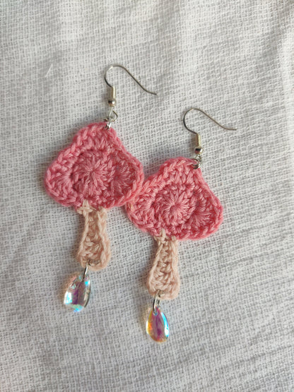 Mushroom crochet earrings with glass drop bead