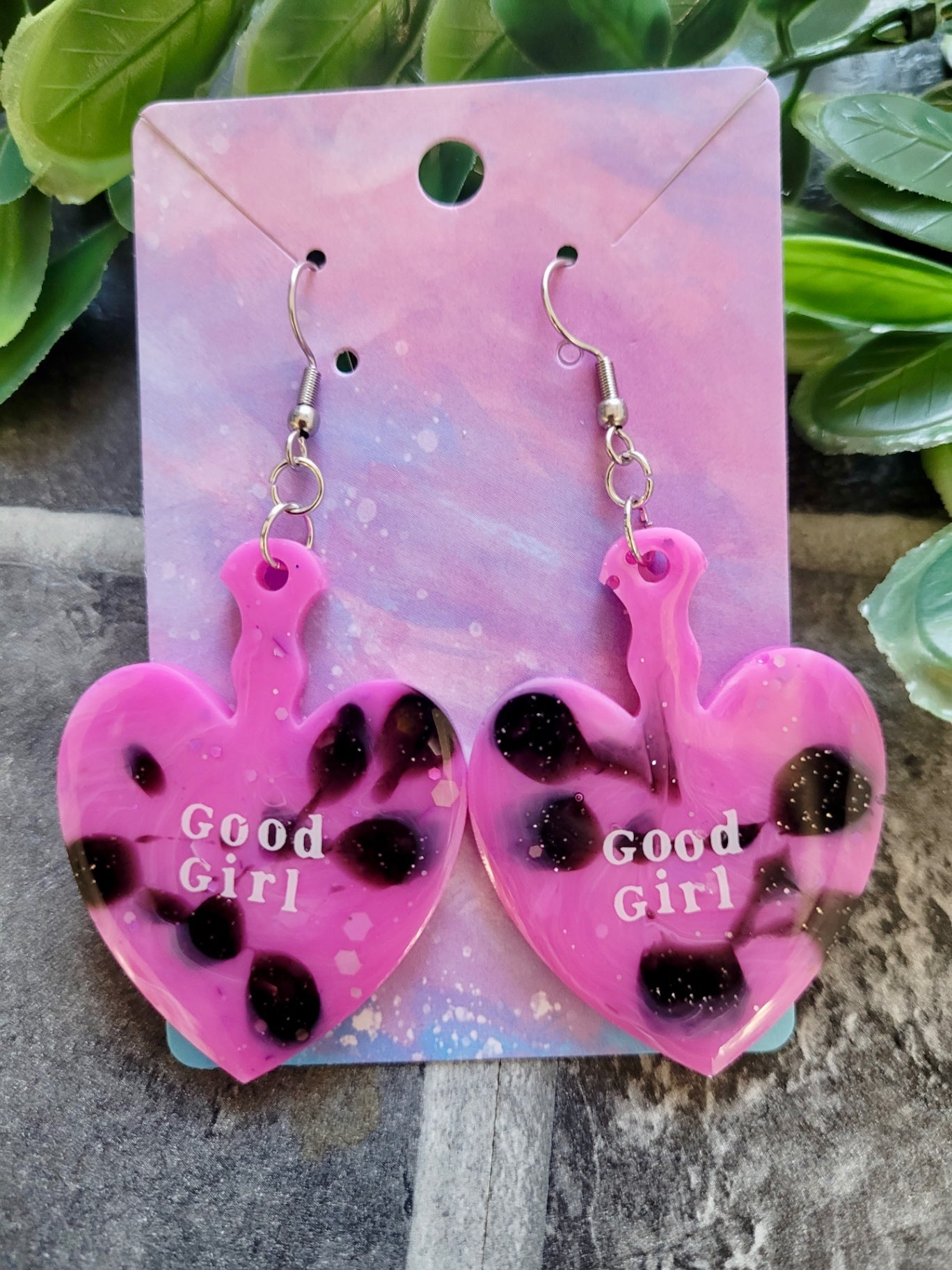 GOOD GIRL Pink and Black Glitter Heart Paddle Earrings with White Text - Stainless Steel Hooks