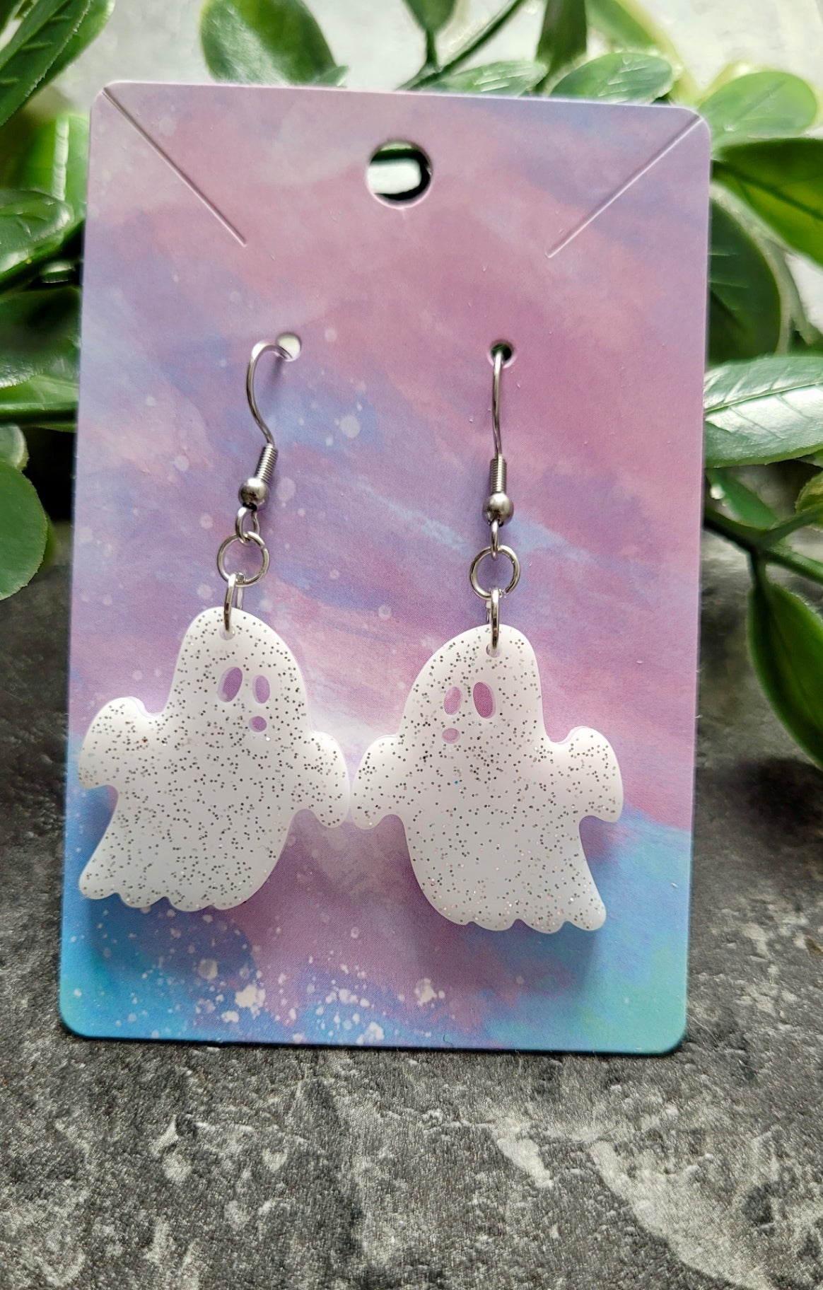 White with Silver Glitter Shocked Face Ghost Earrings - Stainless Steel Hooks
