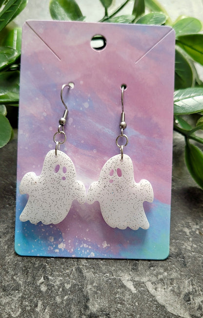 White with Silver Glitter Shocked Face Ghost Earrings - Stainless Steel Hooks