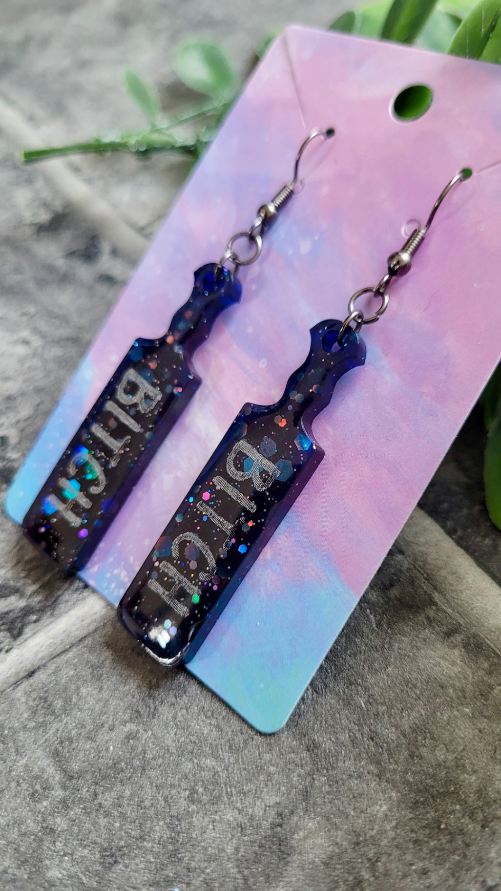 Dark Blue-Black Glitter Paddle Earrings – “BITCH” Silver Text - with Stainless Steel Gunmetal Hooks