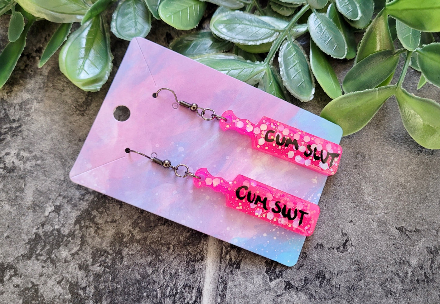 CUM SLUT Paddle Earrings – Hot Pink Glitter with Bold Black Script