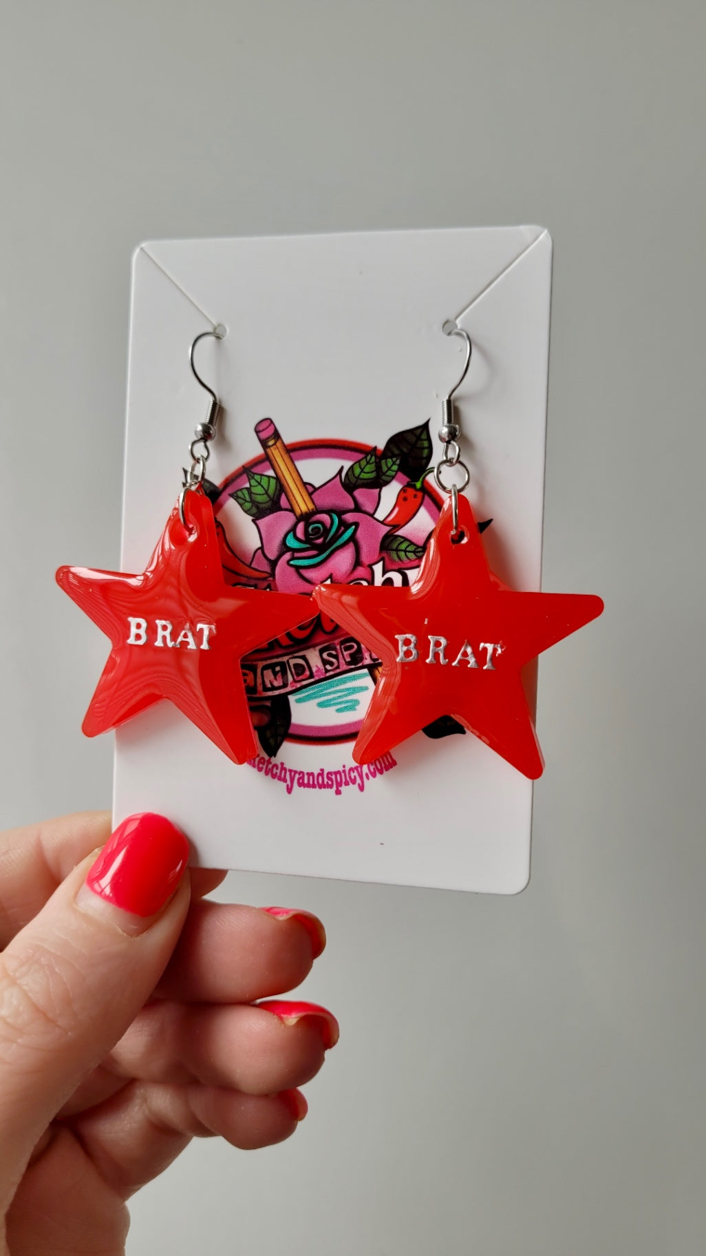 BRAT Red Star Earrings with Silver Text - Stainless Steel Hooks