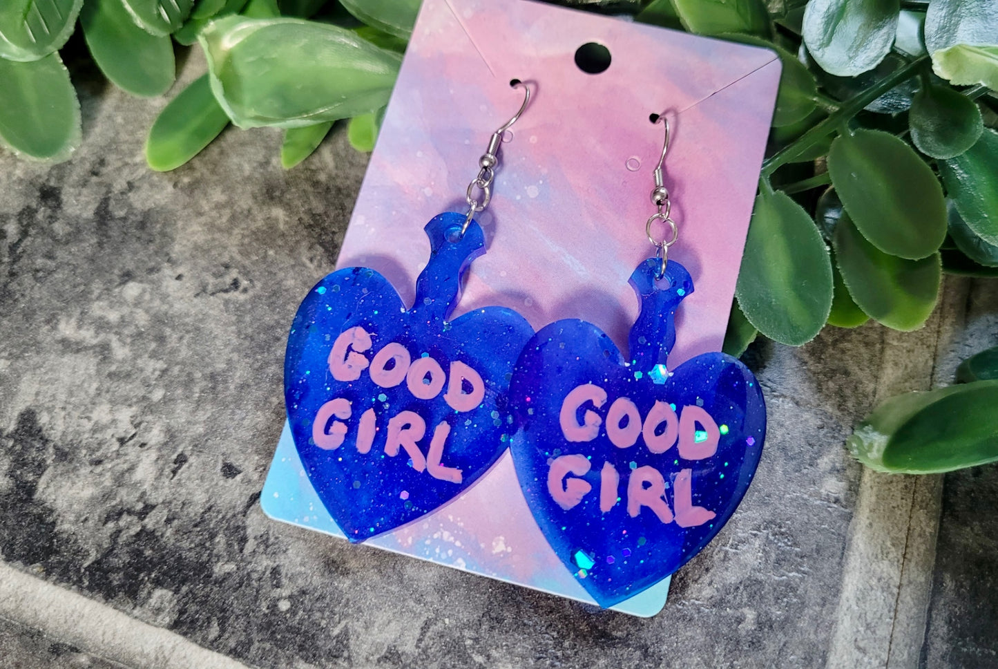 Dark Blue Glitter “GOOD GIRL” Paddle Heart Earrings - Stainless Steel Hooks