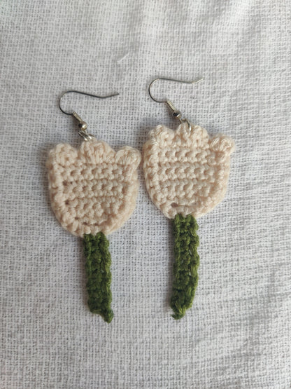 Cream/ white crochet tulip flower earrings