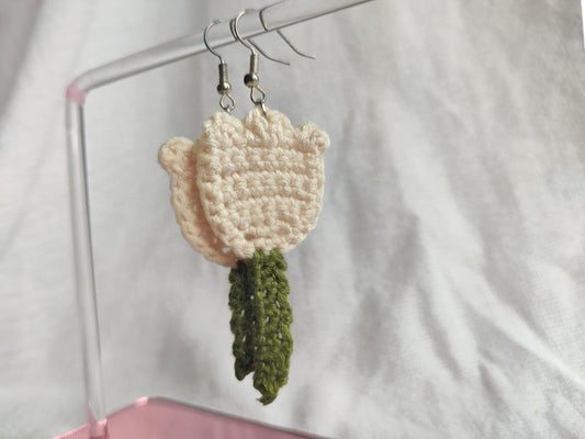 Cream/ white crochet tulip flower earrings