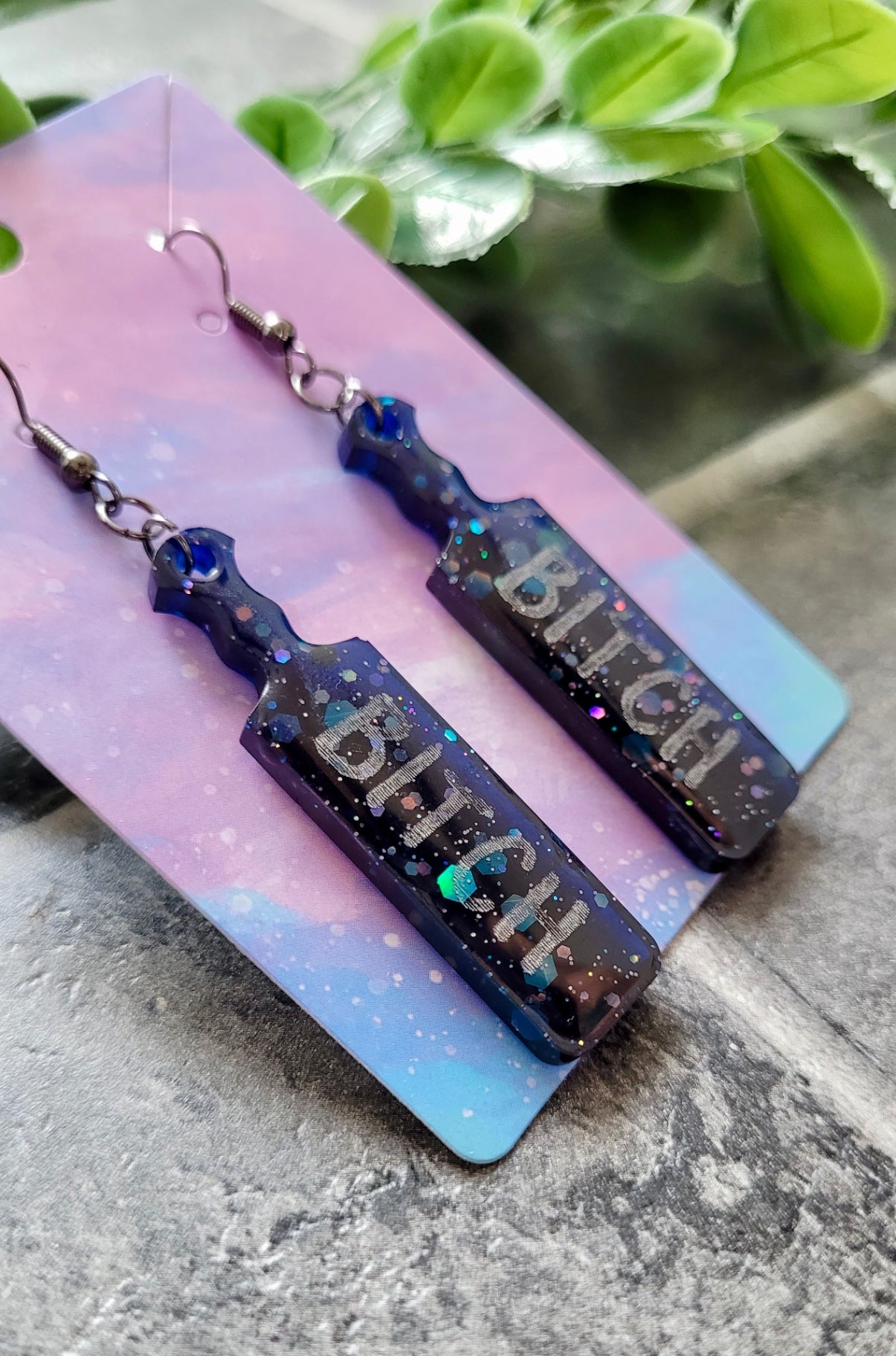 Dark Blue-Black Glitter Paddle Earrings – “BITCH” Silver Text - with Stainless Steel Gunmetal Hooks