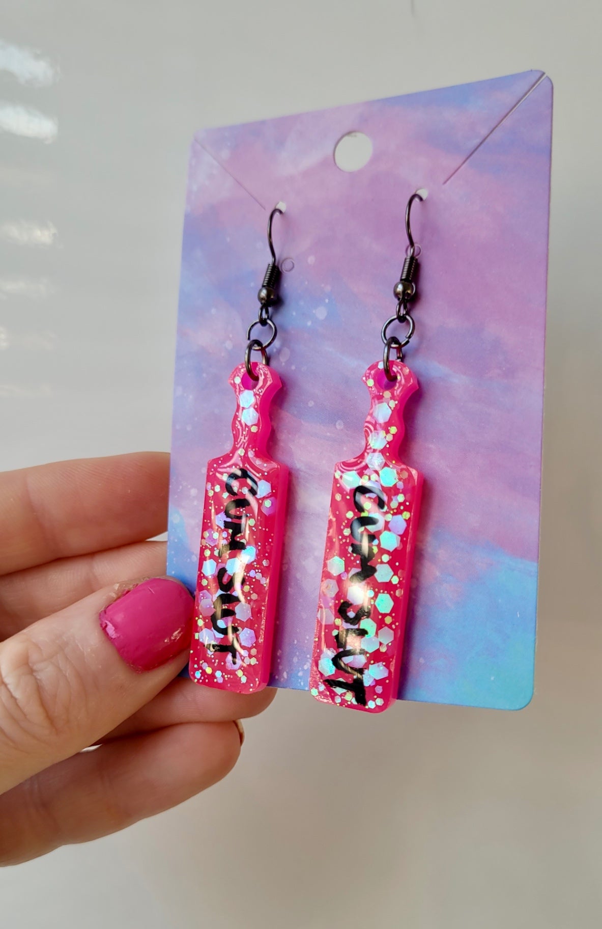 CUM SLUT Paddle Earrings – Hot Pink Glitter with Bold Black Script
