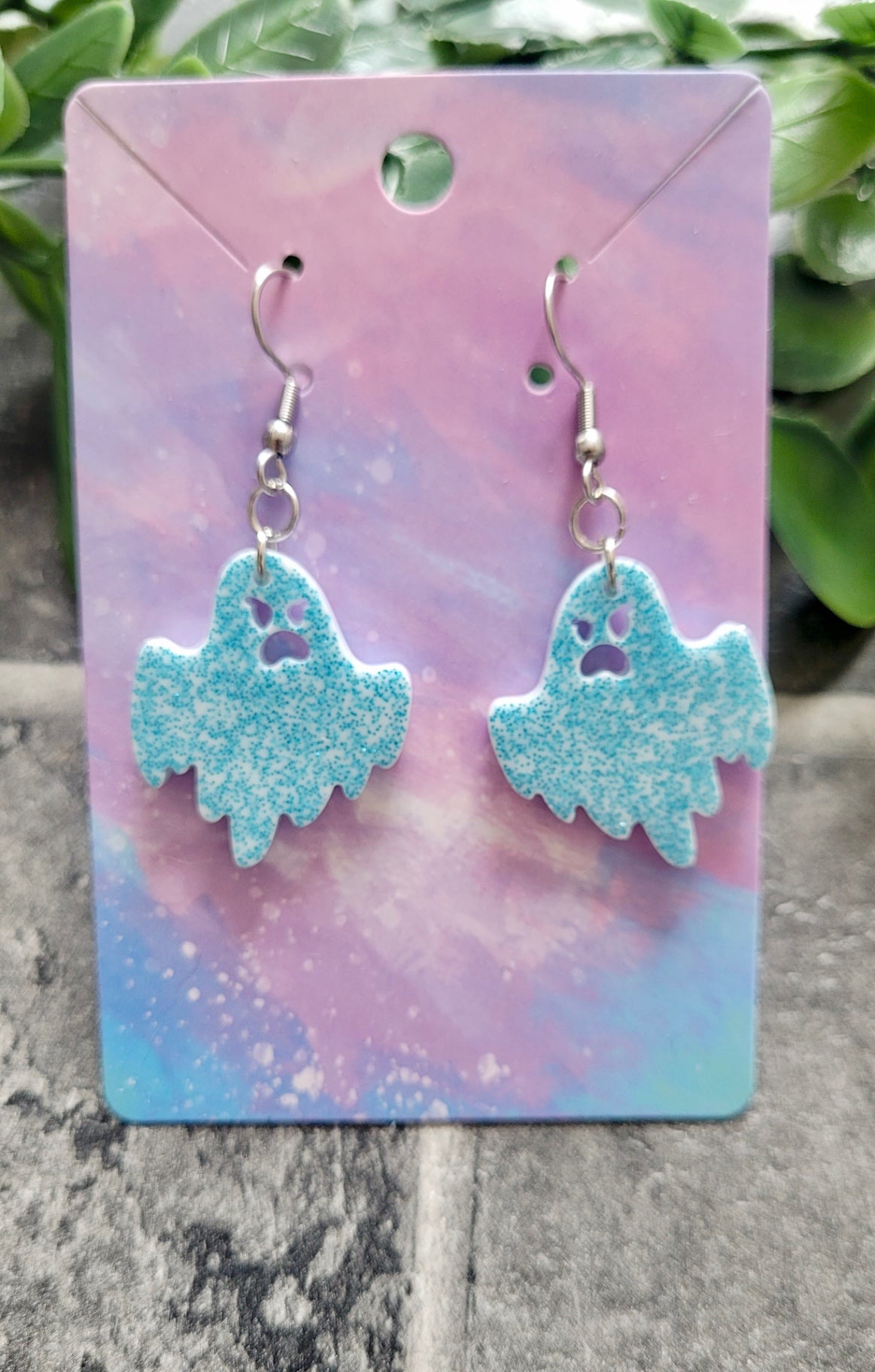 Light Blue Glitter Angry Ghost Earrings - Stainless Steel Hooks