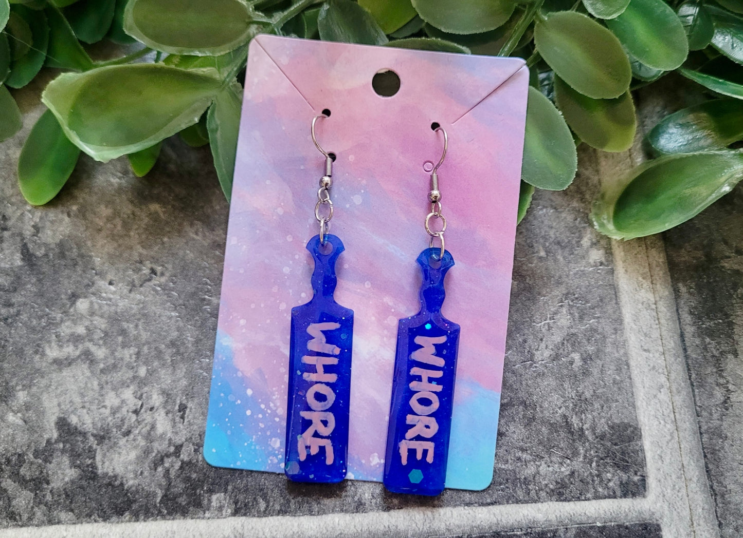 Dark Blue Glitter ‘WHORE’ Paddle Earrings – Stainless Steel Hooks