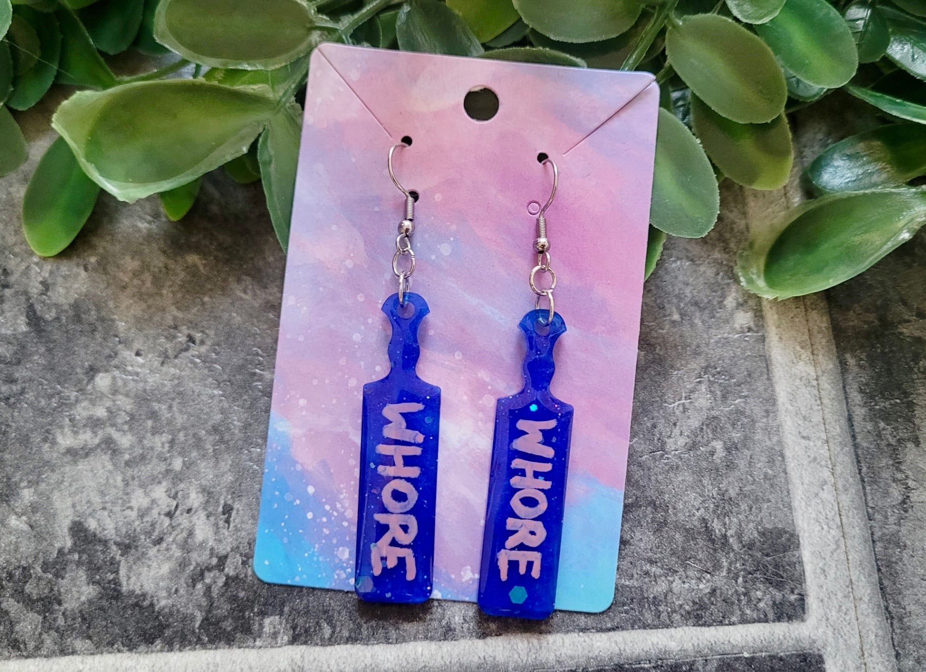 Dark Blue Glitter ‘WHORE’ Paddle Earrings – Stainless Steel Hooks