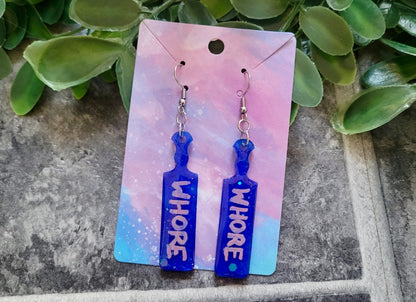 Dark Blue Glitter ‘WHORE’ Paddle Earrings – Stainless Steel Hooks