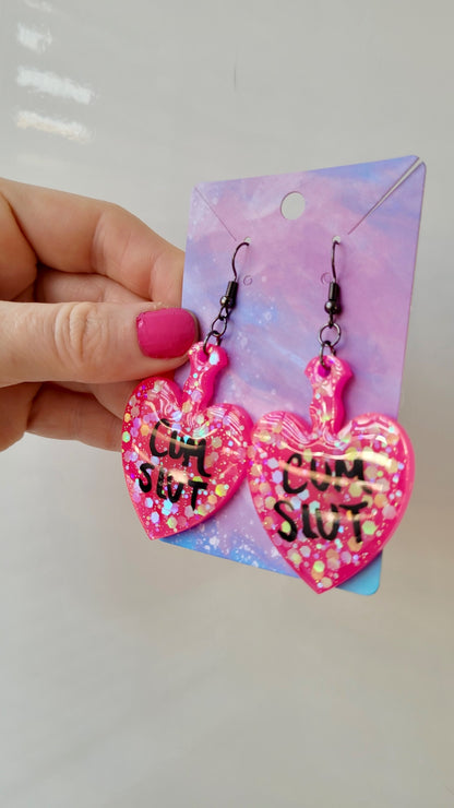 Hot Pink Glitter Heart Paddle Earrings – CUM SLUT - Gunmetal Hooks