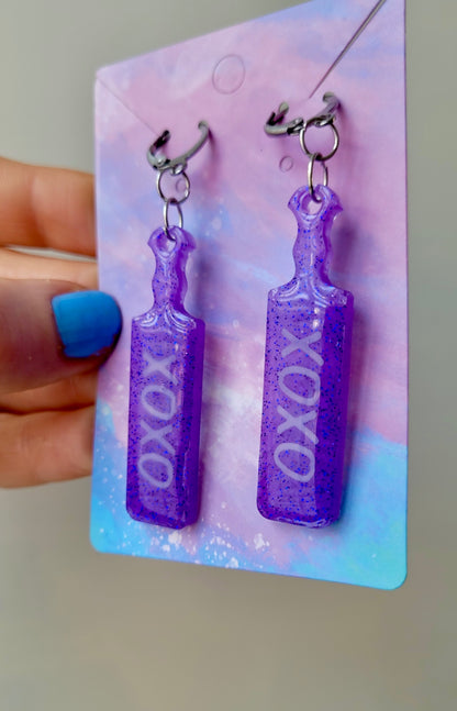 Purple Glitter “XOXO” White Text Paddle Earrings – Stainless Steel Silver Hoops