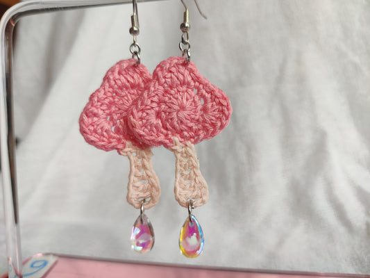 Mushroom crochet earrings with glass drop bead