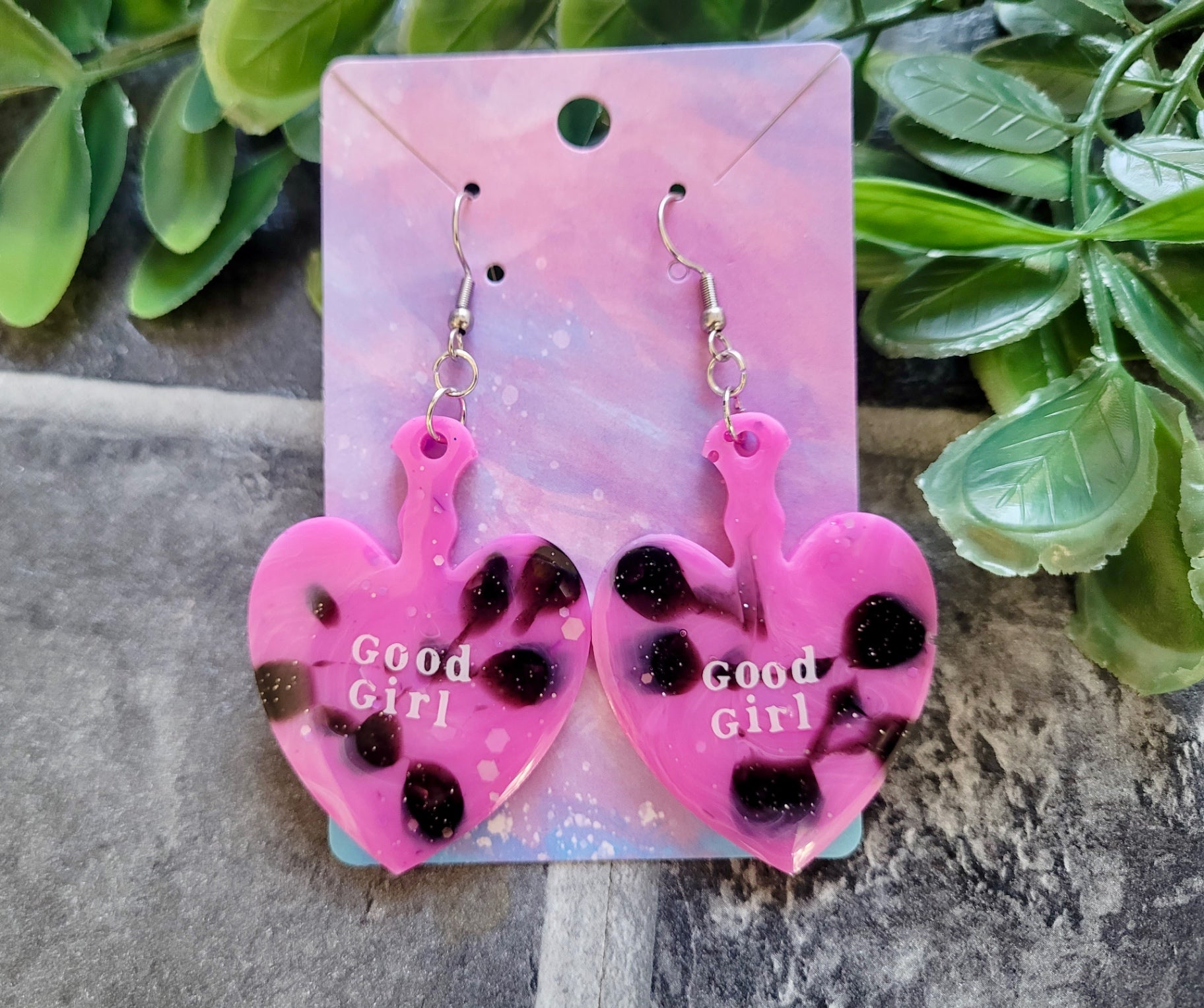 GOOD GIRL Pink and Black Glitter Heart Paddle Earrings with White Text - Stainless Steel Hooks