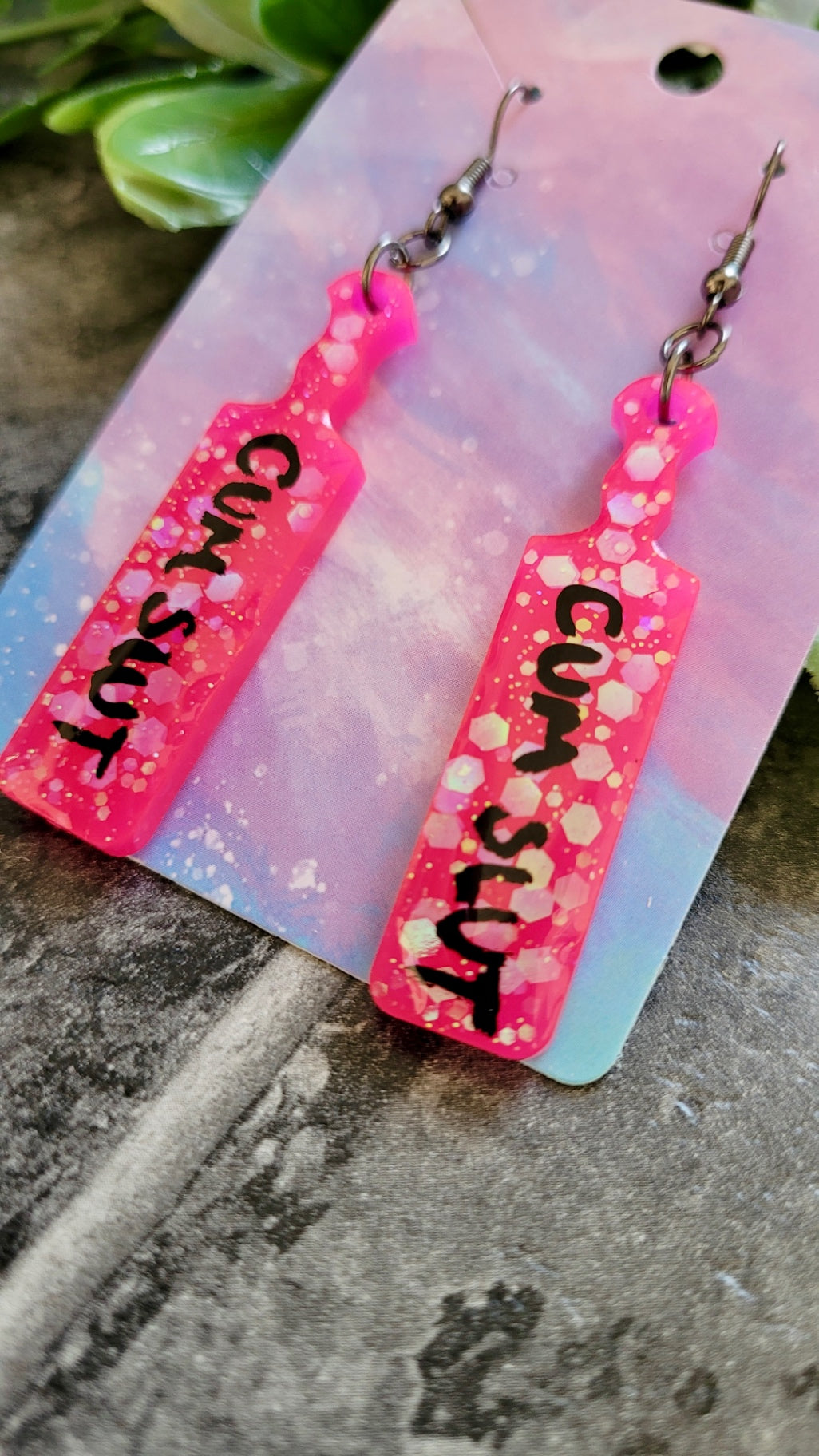 CUM SLUT Paddle Earrings – Hot Pink Glitter with Bold Black Script