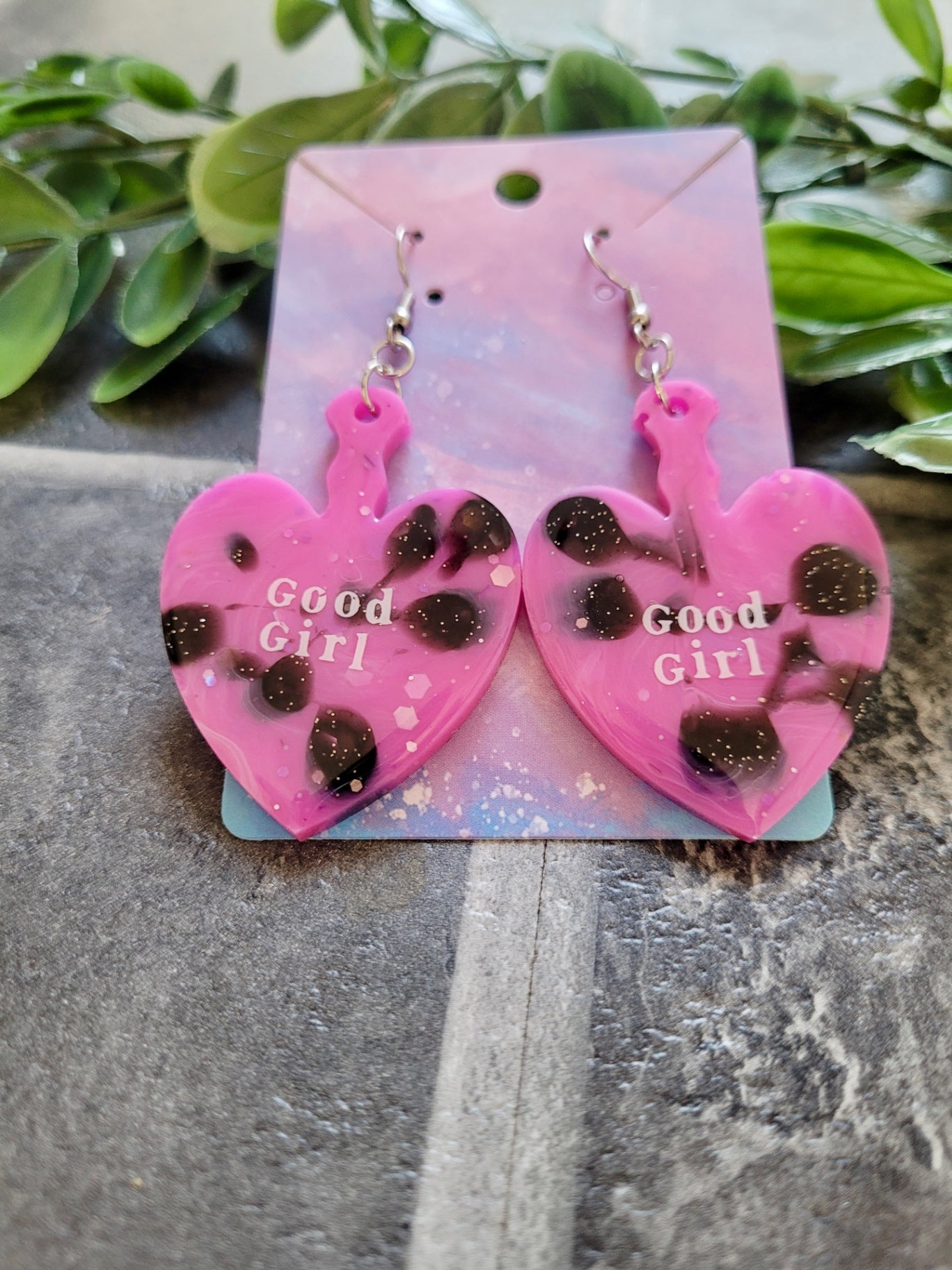 GOOD GIRL Pink and Black Glitter Heart Paddle Earrings with White Text - Stainless Steel Hooks