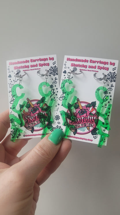 NT Green Glitter Earrings – Stainless Steel Silver Hoops