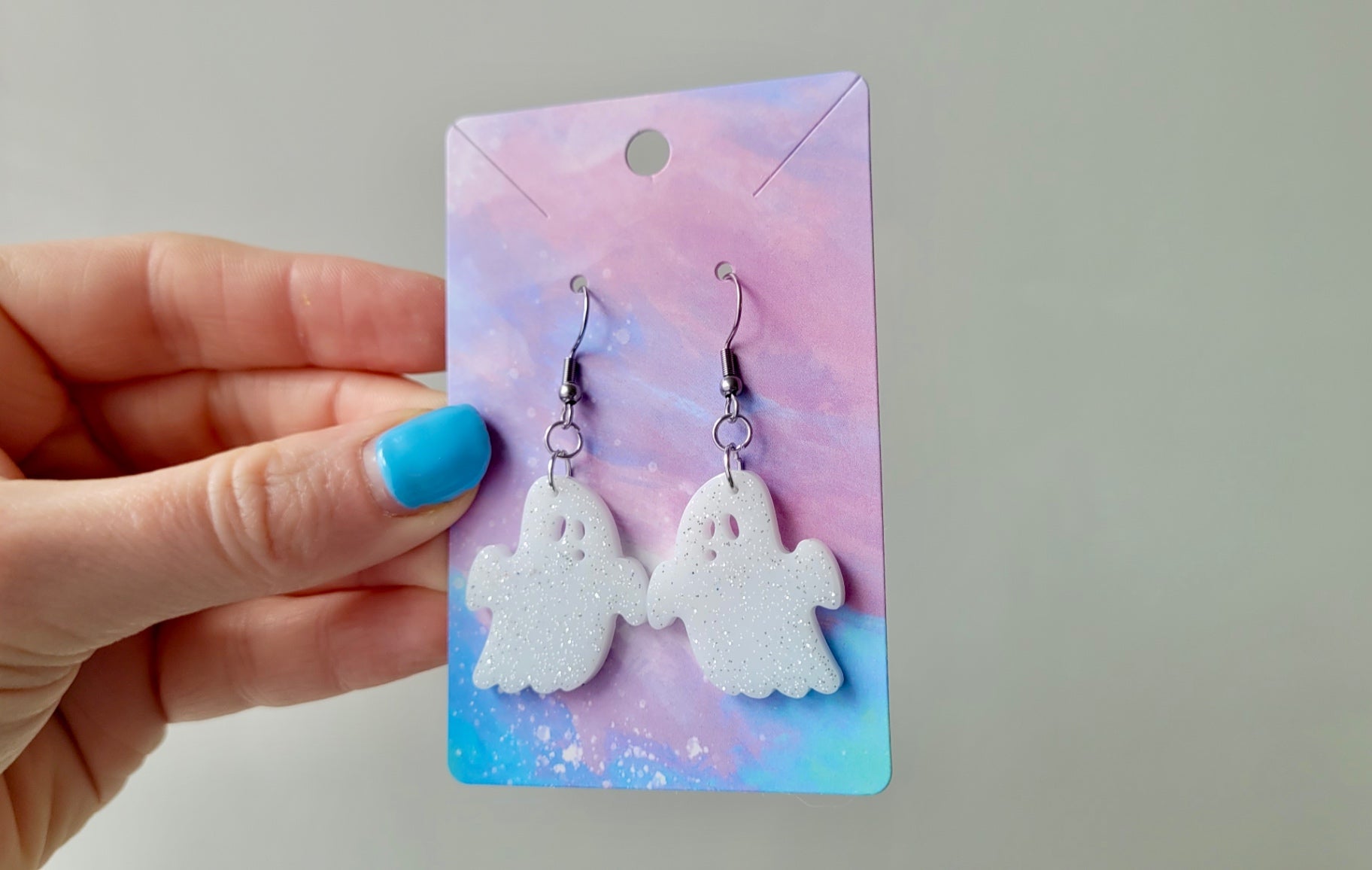 White with Silver Glitter Shocked Face Ghost Earrings - Stainless Steel Hooks