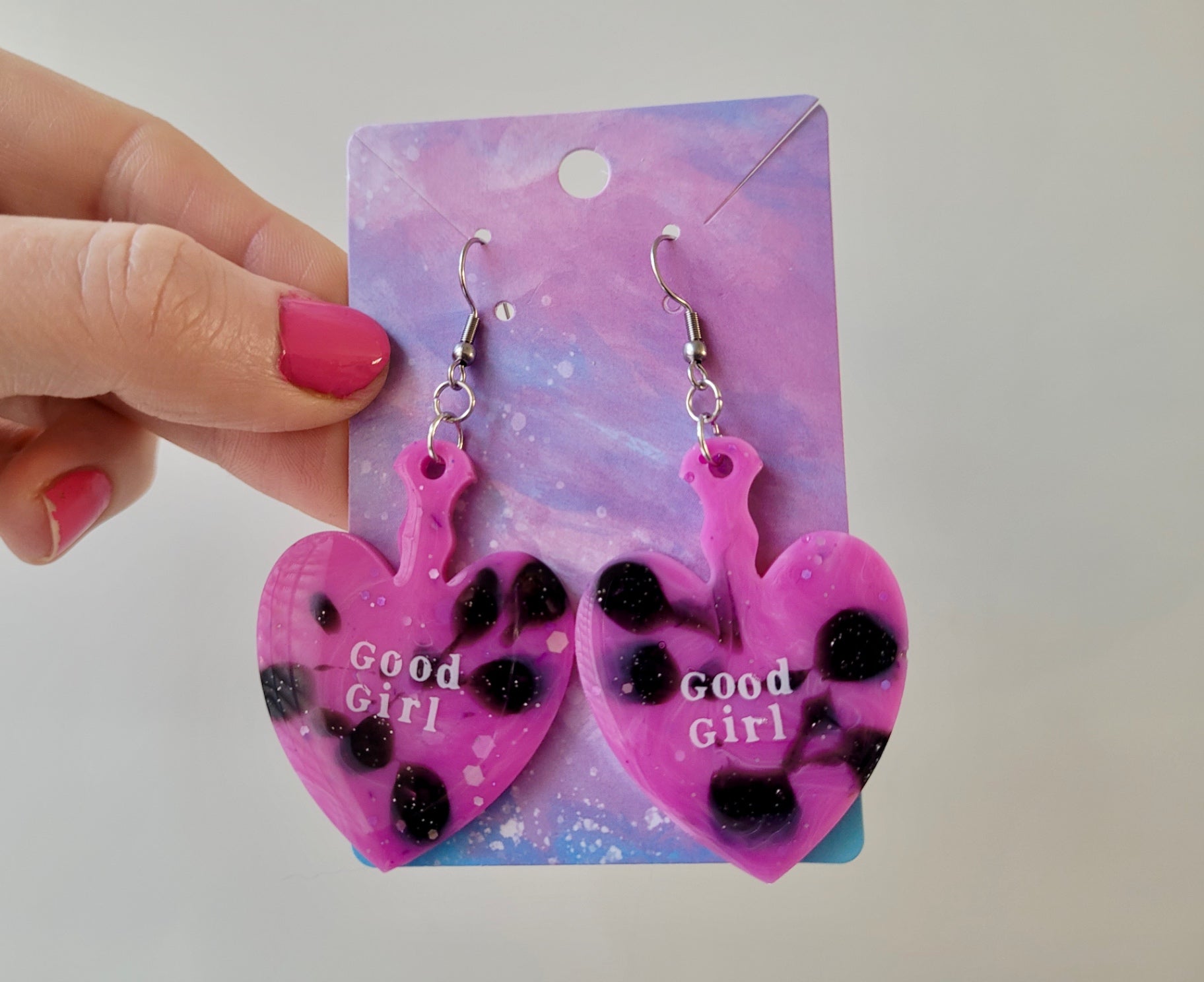 GOOD GIRL Pink and Black Glitter Heart Paddle Earrings with White Text - Stainless Steel Hooks