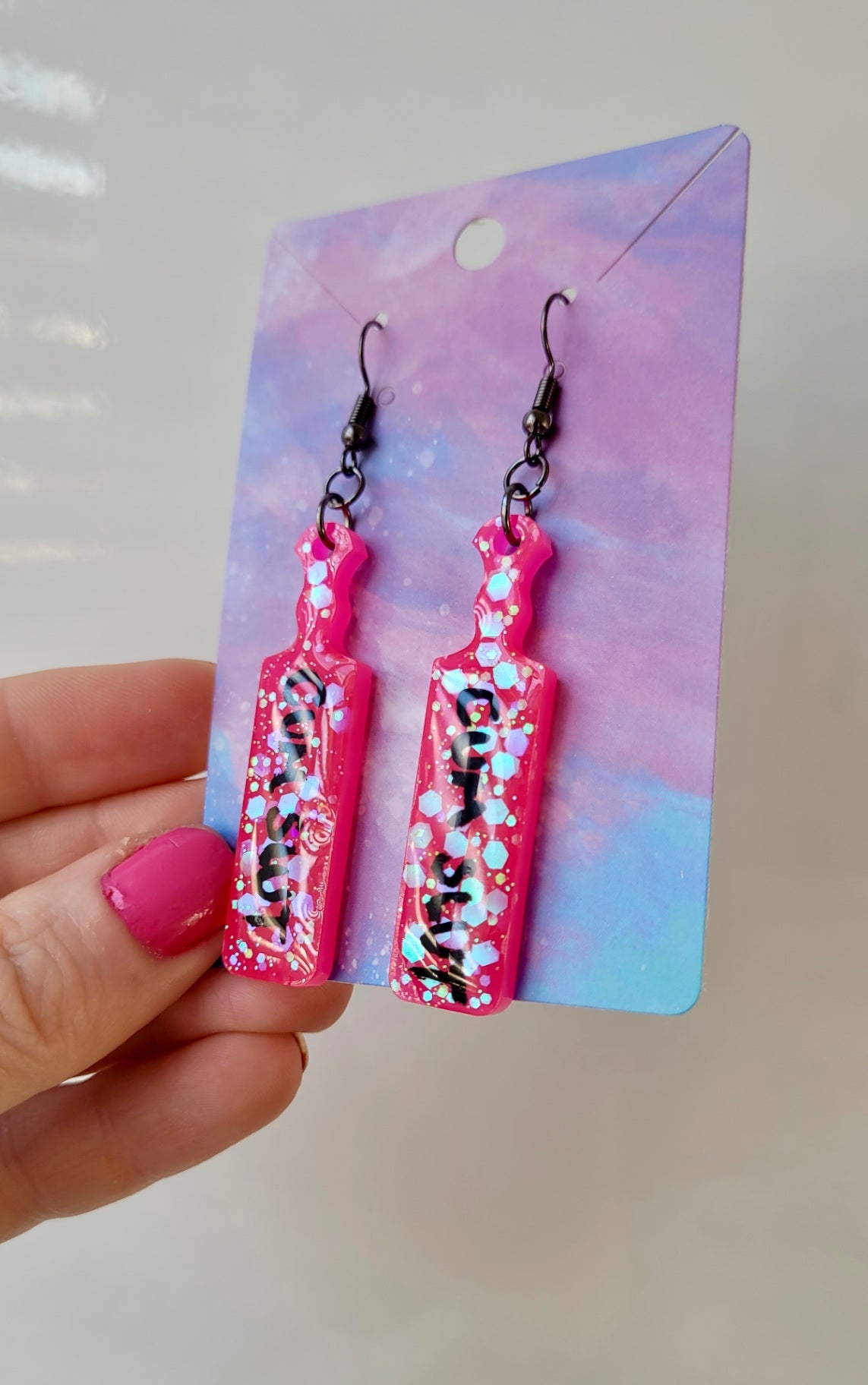 CUM SLUT Paddle Earrings – Hot Pink Glitter with Bold Black Script