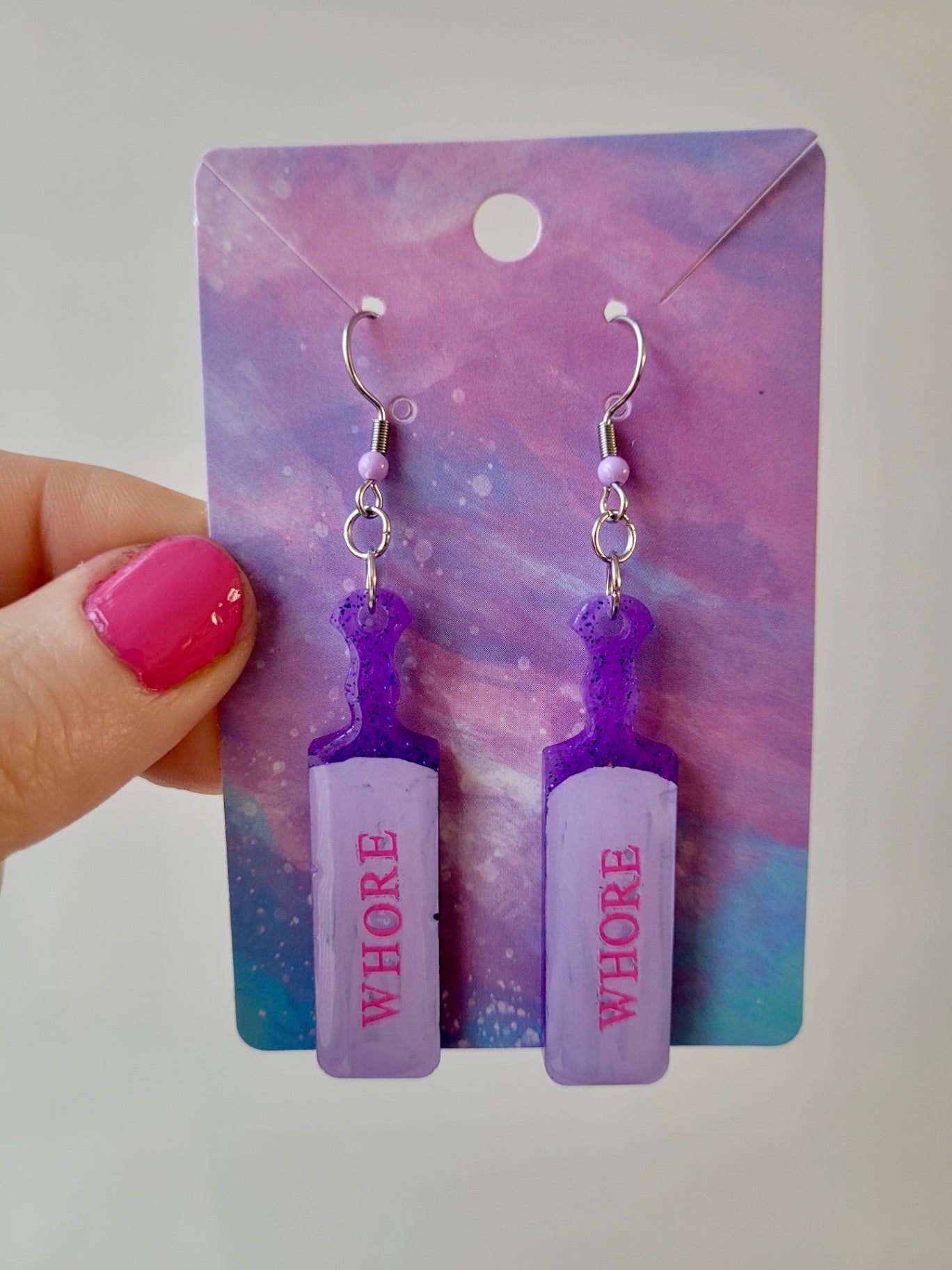 Pastel Purple “WHORE” Paddle Earrings – Stainless Steel Hooks