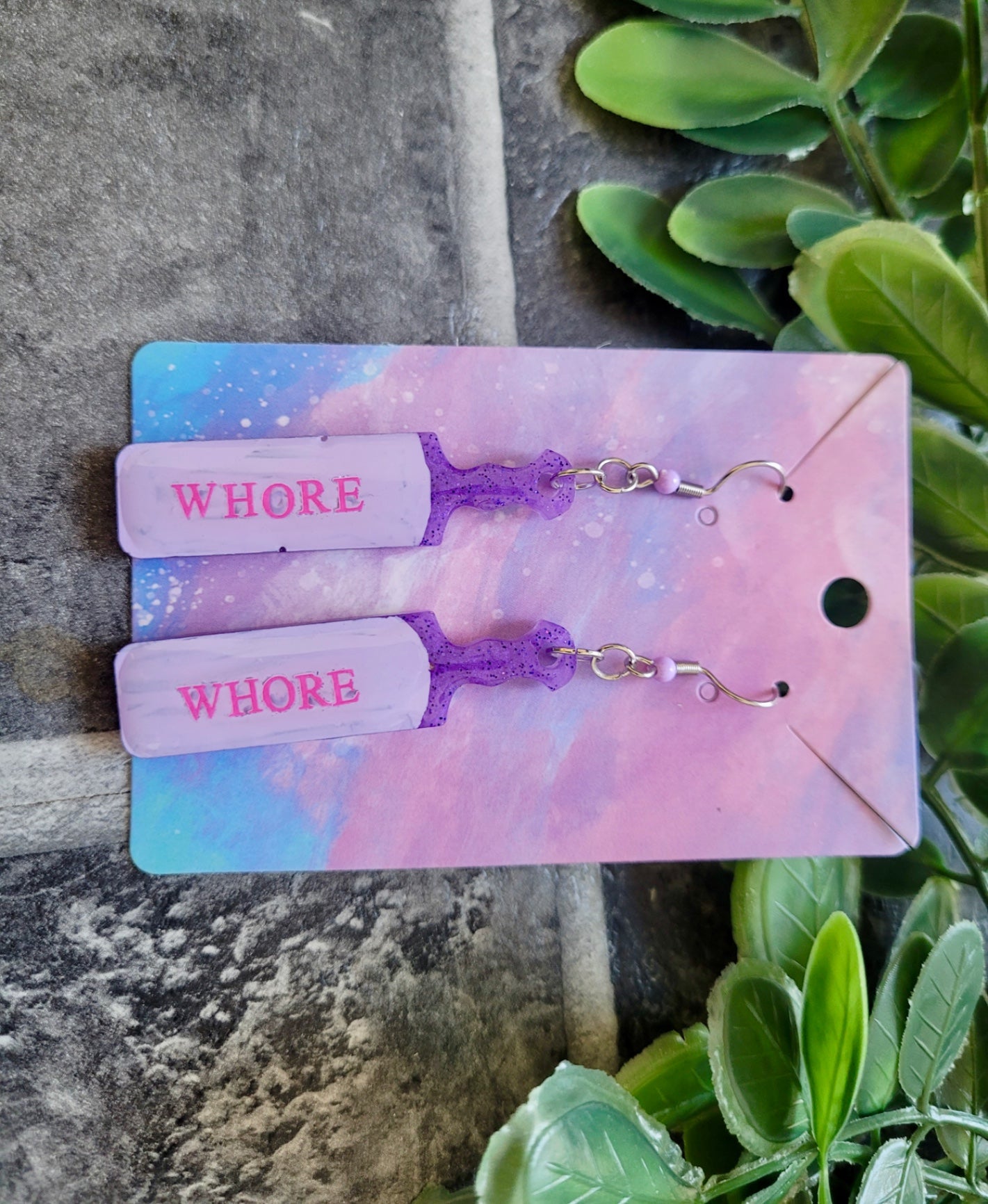 Pastel Purple “WHORE” Paddle Earrings – Stainless Steel Hooks