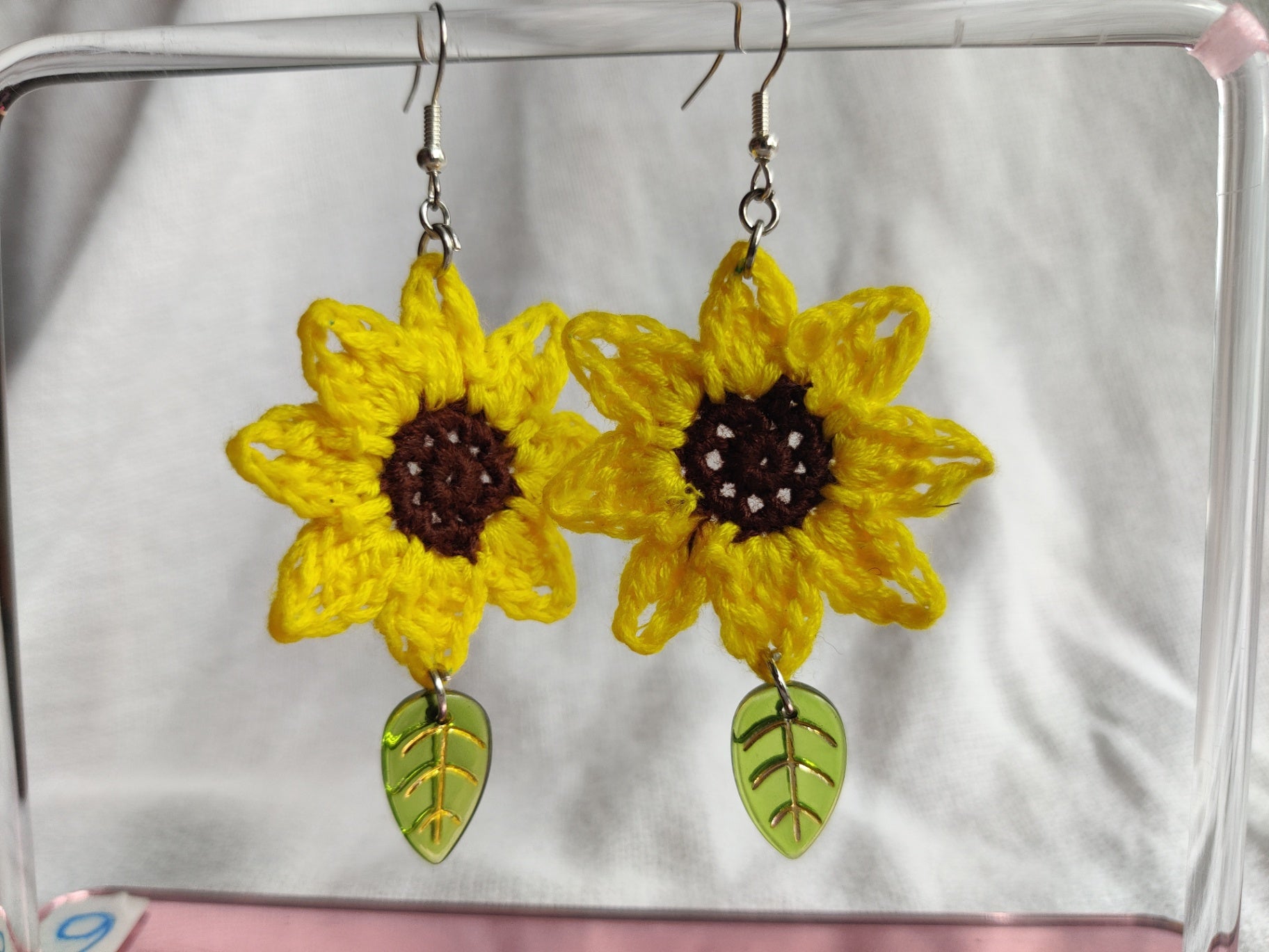 Sunflower crochet earrings with leaf beads
