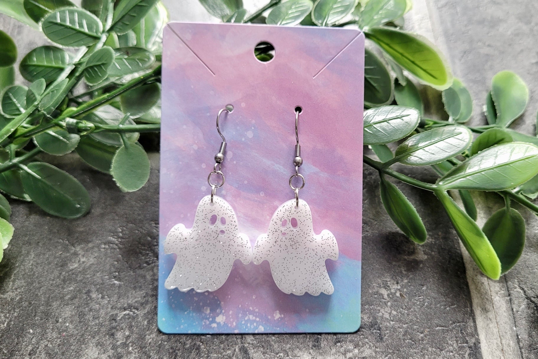 White with Silver Glitter Shocked Face Ghost Earrings - Stainless Steel Hooks