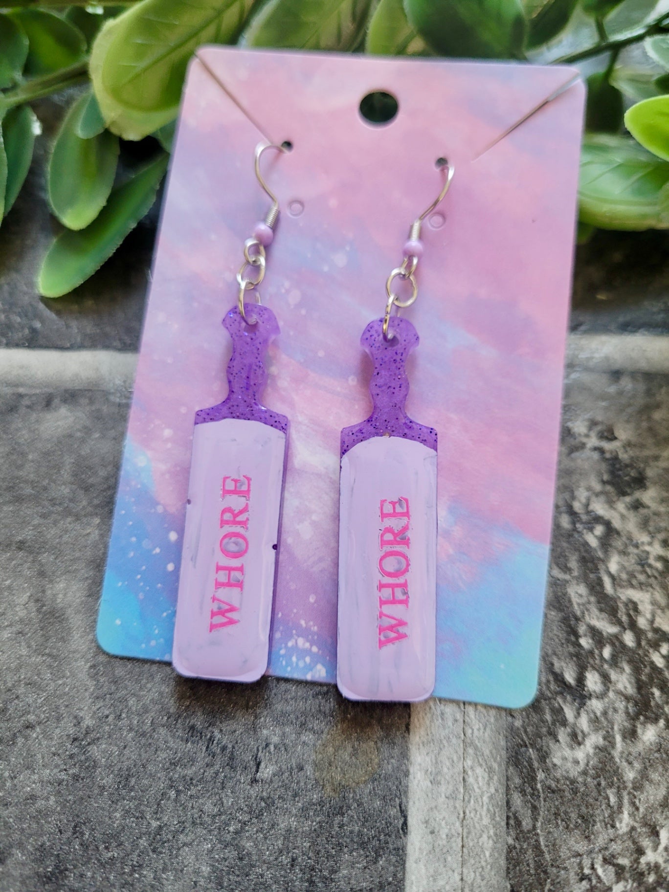 Pastel Purple “WHORE” Paddle Earrings – Stainless Steel Hooks