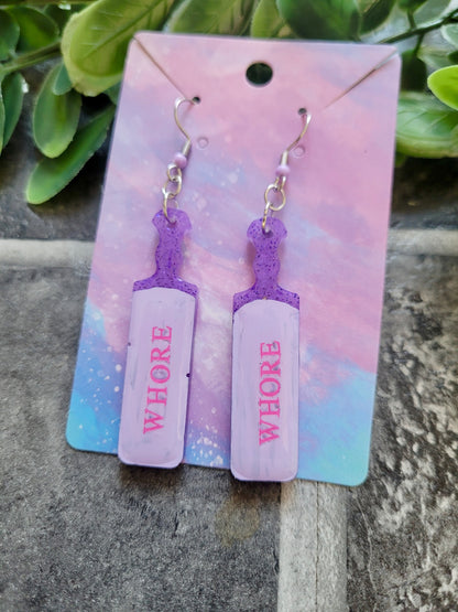 Pastel Purple “WHORE” Paddle Earrings – Stainless Steel Hooks