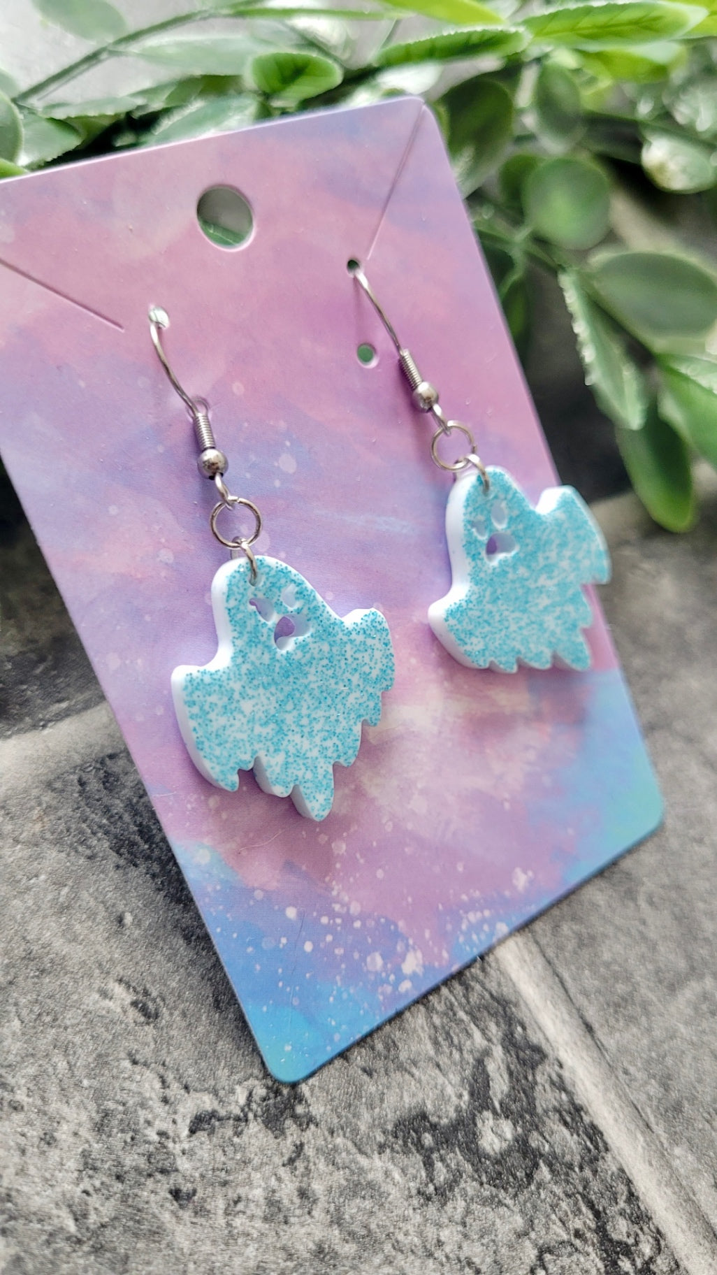 Light Blue Glitter Angry Ghost Earrings - Stainless Steel Hooks