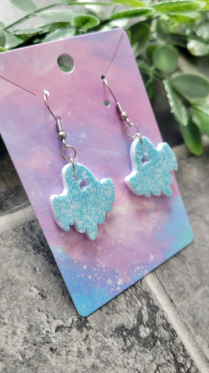 Light Blue Glitter Angry Ghost Earrings - Stainless Steel Hooks
