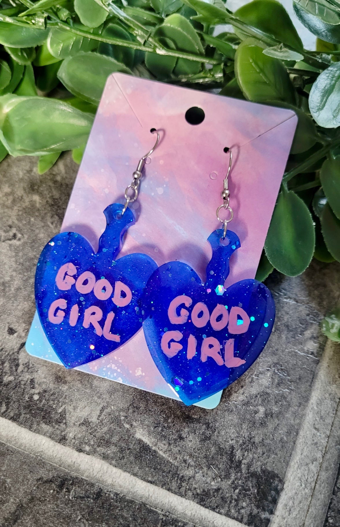 Dark Blue Glitter “GOOD GIRL” Paddle Heart Earrings - Stainless Steel Hooks