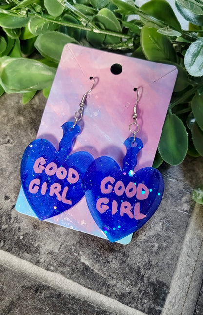 Dark Blue Glitter “GOOD GIRL” Paddle Heart Earrings - Stainless Steel Hooks