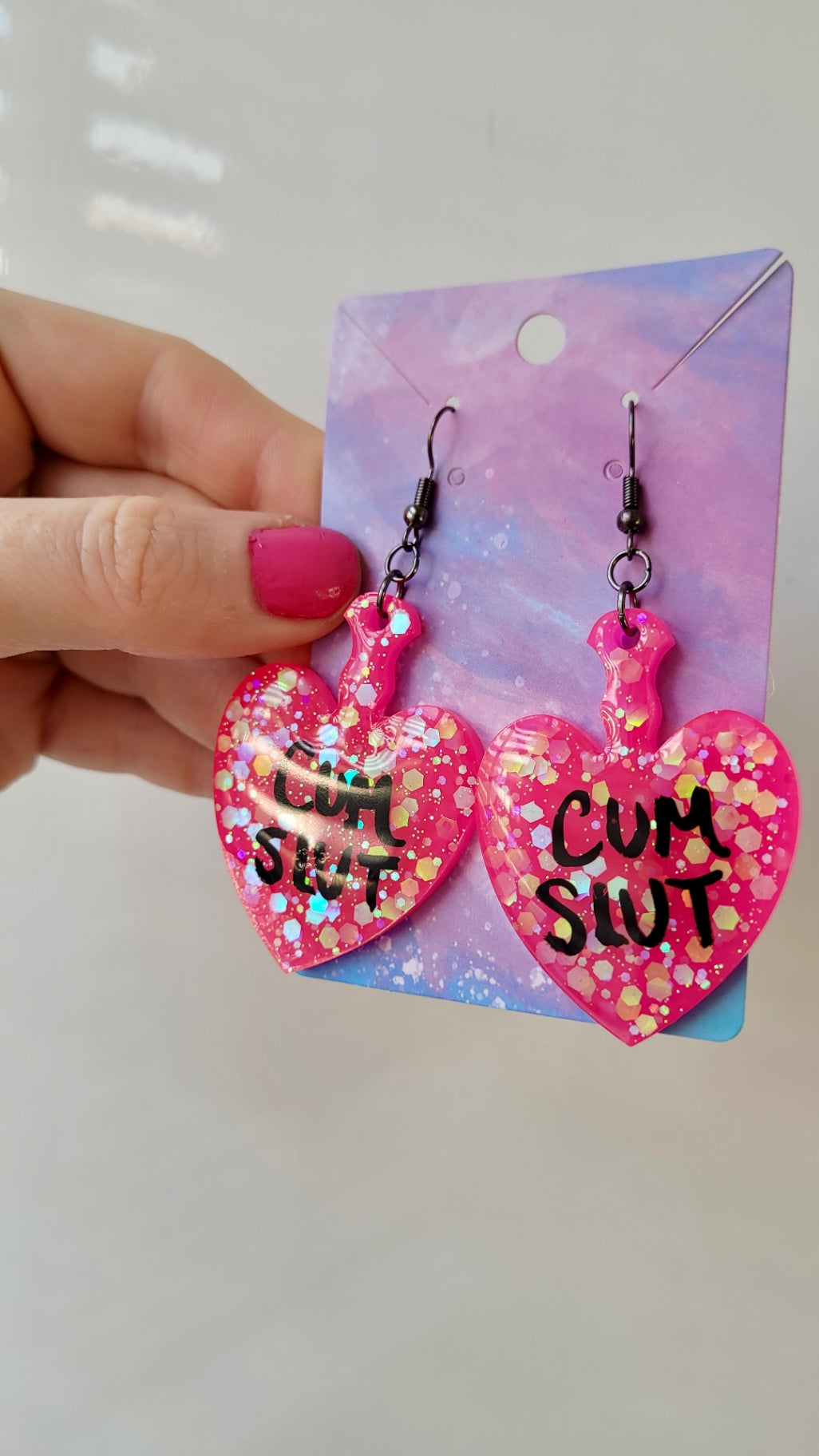 Hot Pink Glitter Heart Paddle Earrings – CUM SLUT - Gunmetal Hooks