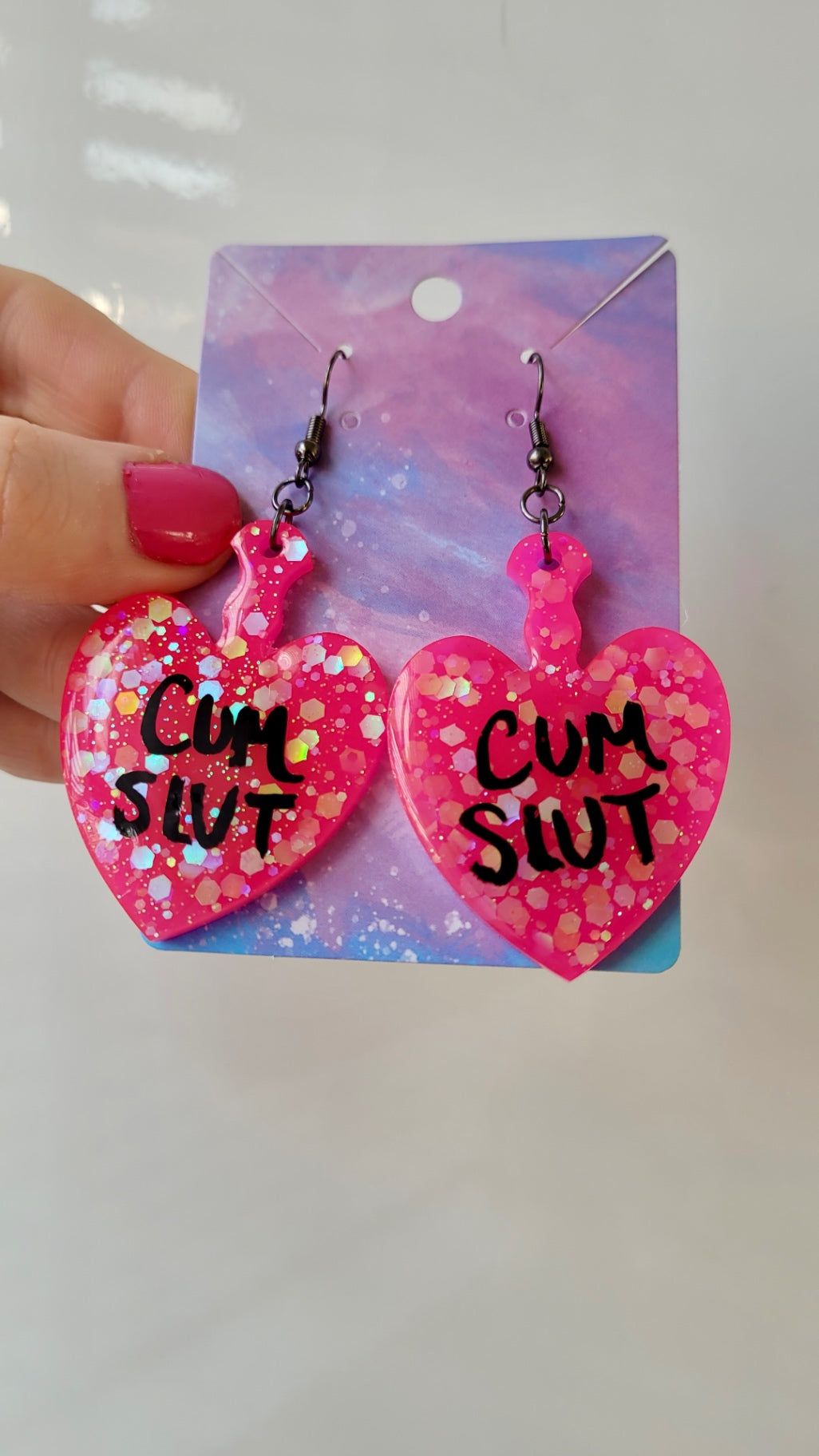 Hot Pink Glitter Heart Paddle Earrings – CUM SLUT - Gunmetal Hooks