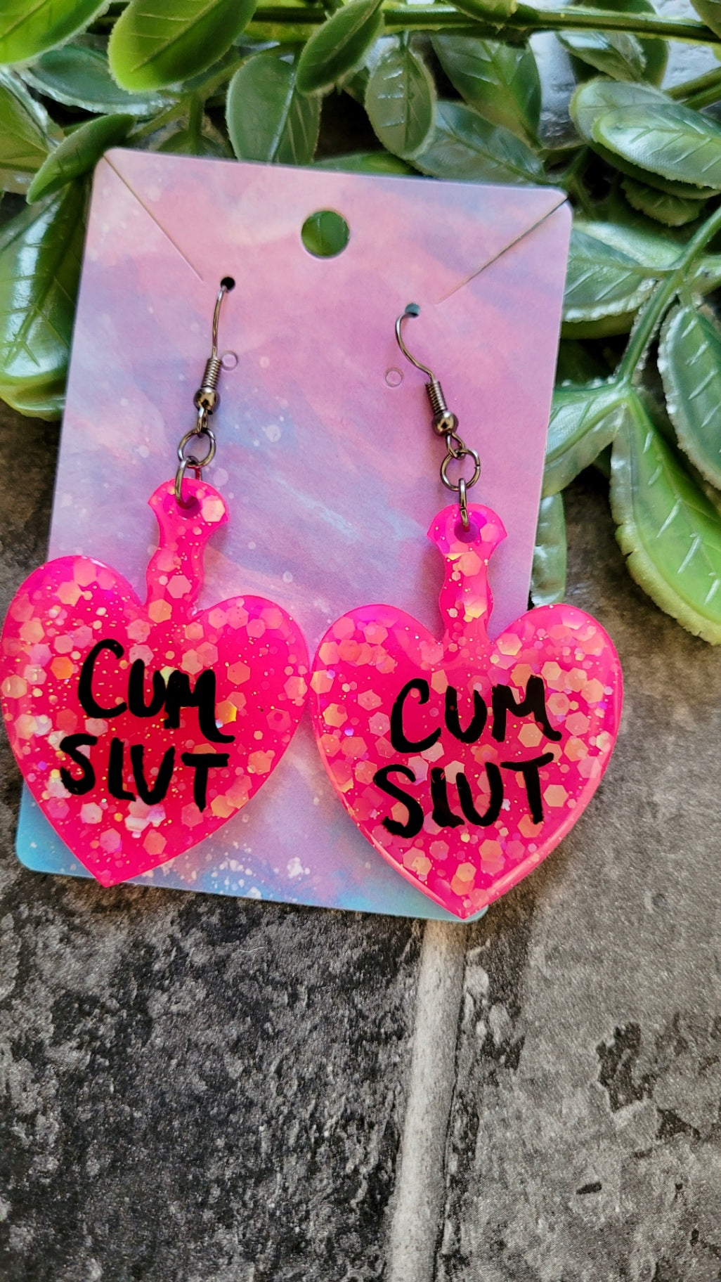 Hot Pink Glitter Heart Paddle Earrings – CUM SLUT - Gunmetal Hooks