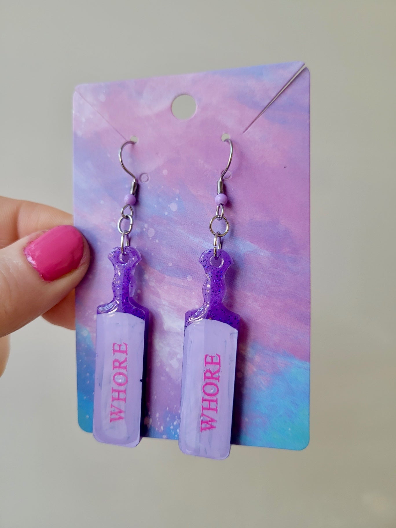 Pastel Purple “WHORE” Paddle Earrings – Stainless Steel Hooks