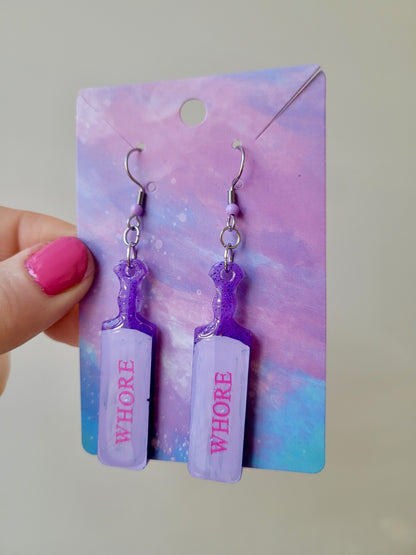 Pastel Purple “WHORE” Paddle Earrings – Stainless Steel Hooks