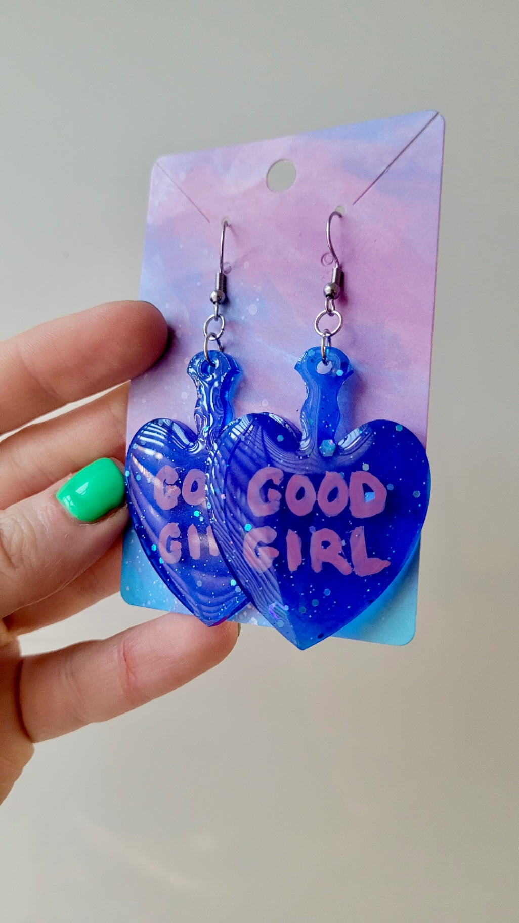 Dark Blue Glitter “GOOD GIRL” Paddle Heart Earrings - Stainless Steel Hooks