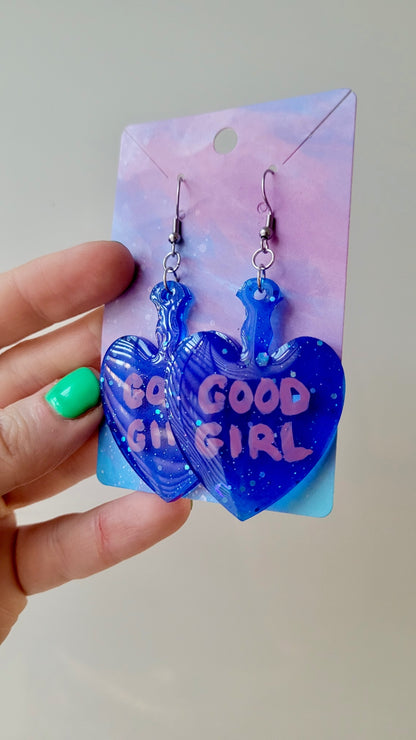 Dark Blue Glitter “GOOD GIRL” Paddle Heart Earrings - Stainless Steel Hooks