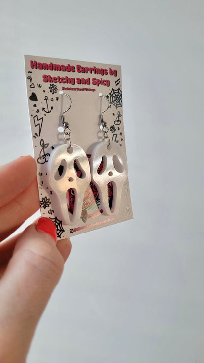 White Gloss Holographic Ghostface Earrings - Scream Inspired - Stainless Steel Hooks
