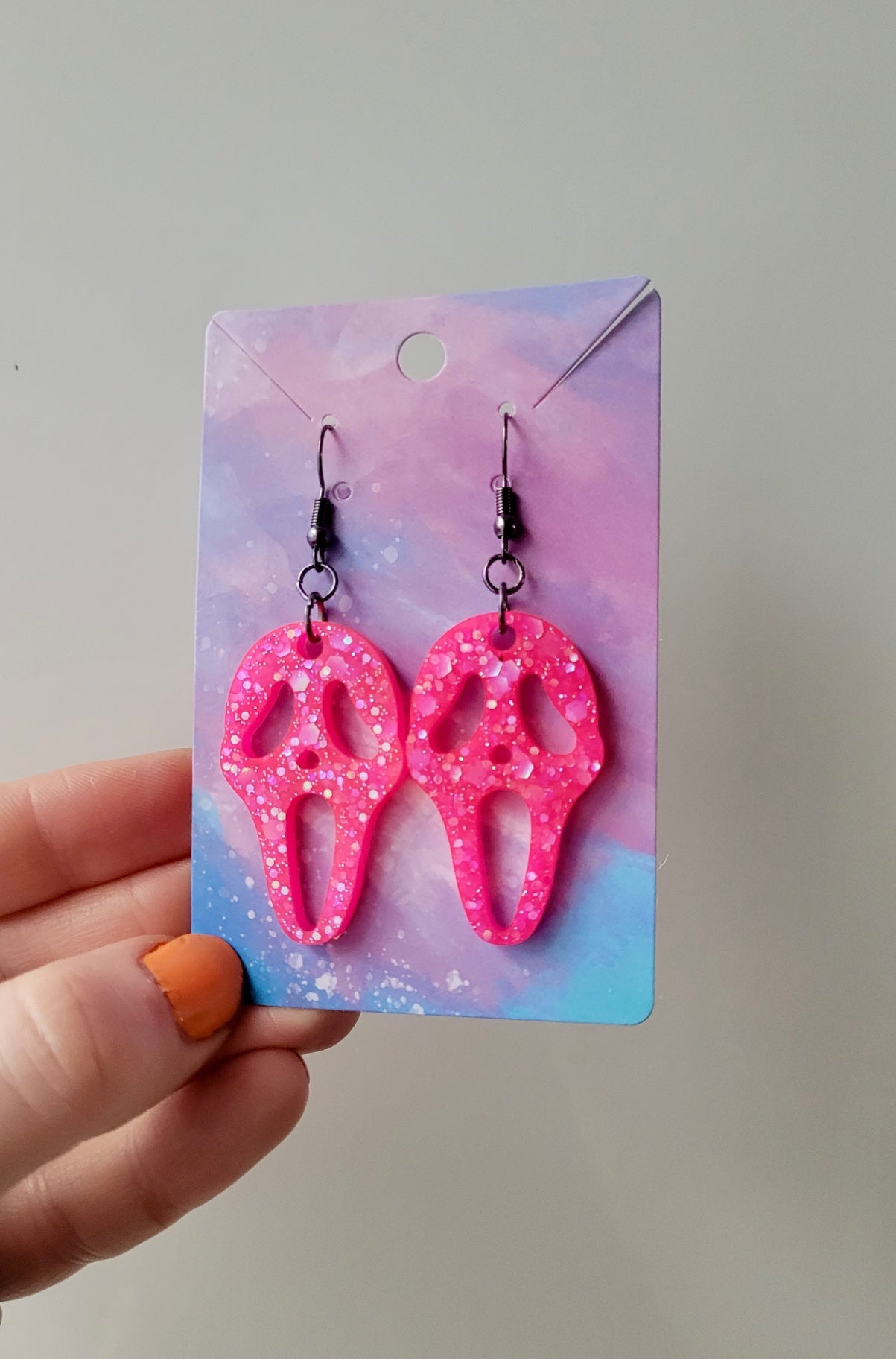 Hot Pink Glitter Ghostface Earrings - Scream Inspired - Stainless Steel Hooks