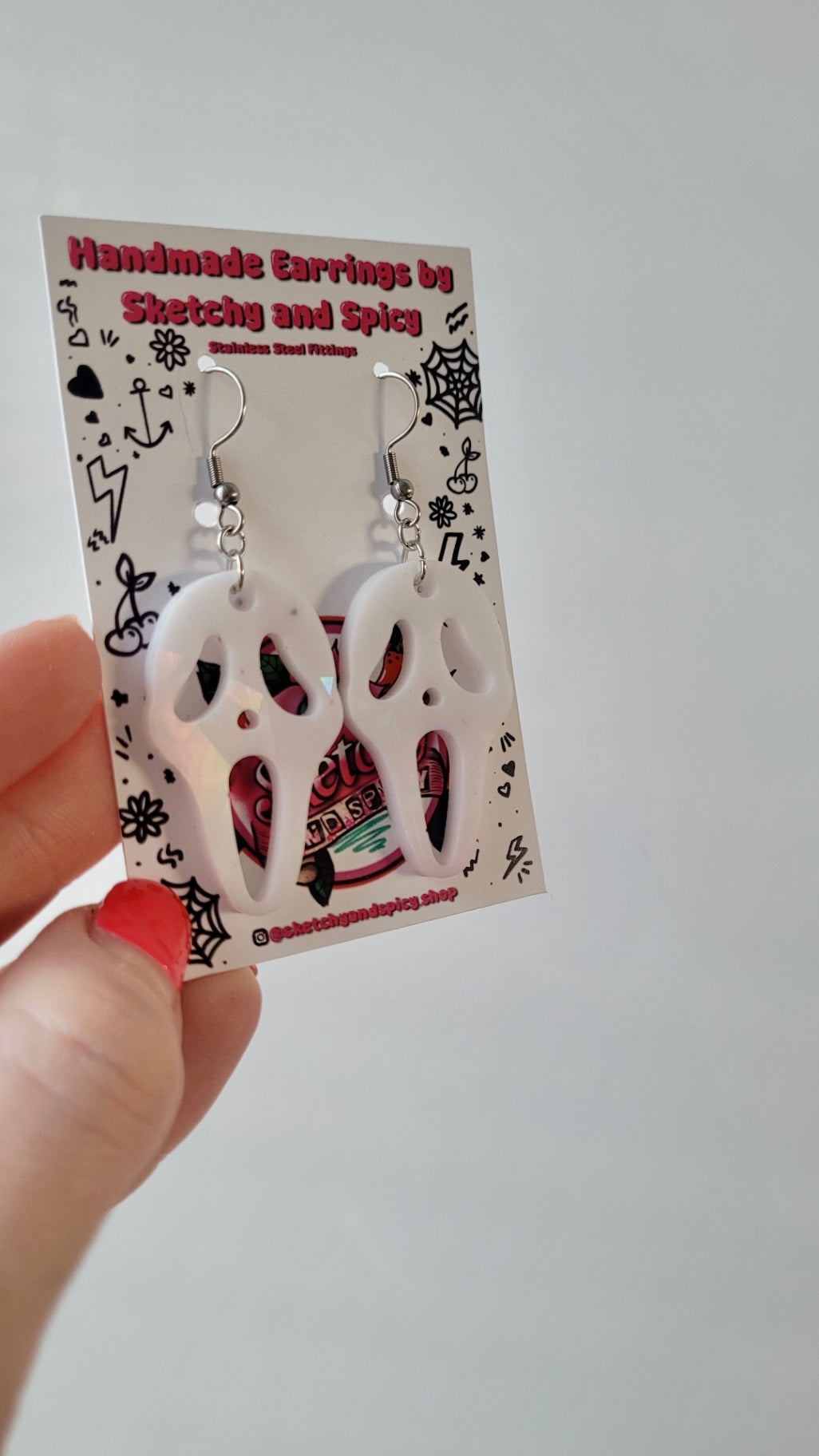 White Gloss Holographic Ghostface Earrings - Scream Inspired - Stainless Steel Hooks