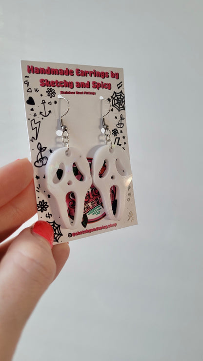 White Gloss Holographic Ghostface Earrings - Scream Inspired - Stainless Steel Hooks