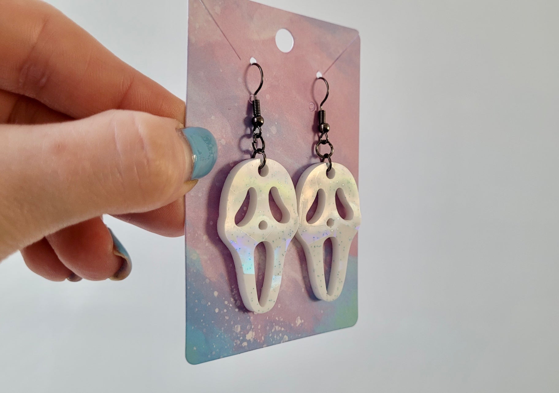 White with Blue Glitter Ghostface Earrings - Scream Inspired - Stainless Steel Hooks