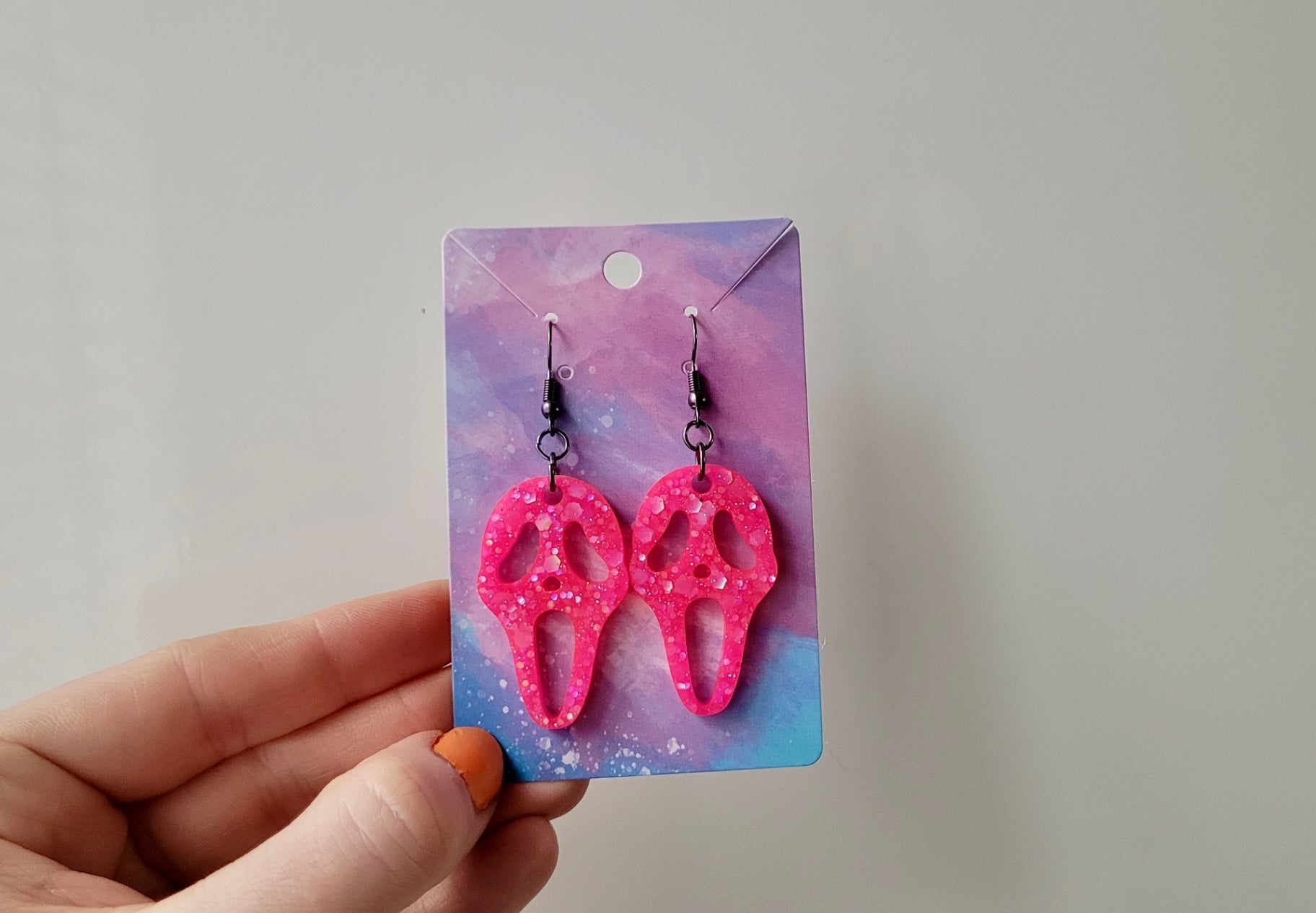 Hot Pink Glitter Ghostface Earrings - Scream Inspired - Stainless Steel Hooks